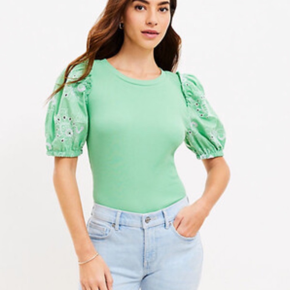 LOFT green eyelet Puff Sleeve Blouse size small